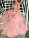 Tulle Lace Strapless A-line Sweep Train Appliques Lace Prom Dresses #UKM020107924