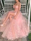 Tulle Lace Strapless A-line Sweep Train Appliques Lace Prom Dresses #UKM020107924