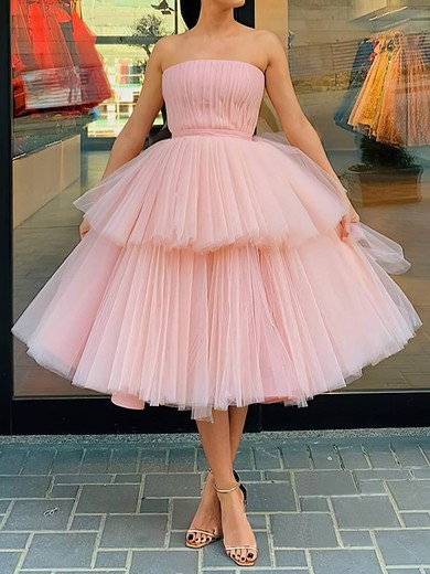 Ball Gown Strapless Tulle Tea-length Tiered Short Prom Dresses #UKM020107925