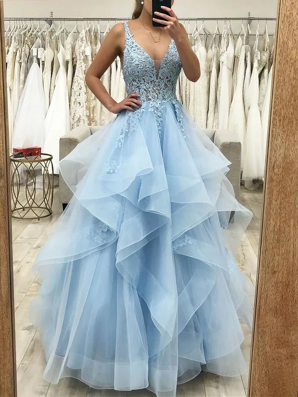Ball Gown/Princess Floor-length V-neck Lace Organza Beading Prom Dresses #UKM020107926