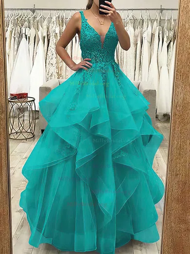 Ball Gown Princess Floor length V neck Lace Organza Beading Prom Dresses MillyBridal