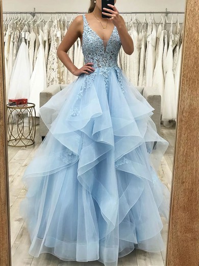 Organza Lace V-neck Ball Gown Sweep Train Beading Prom Dresses #UKM020107926