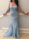 Trumpet/Mermaid Sweep Train Scoop Neck Lace Tulle Appliques Lace Prom Dresses #UKM020107927