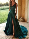 A-line Sweep Train V-neck Silk-like Satin Split Front Prom Dresses #UKM020107929