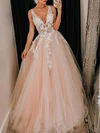 Ball Gown V-neck Tulle Lace Floor-length Appliques Lace Prom Dresses #UKM020107930