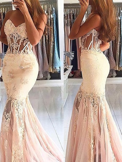 Lace Tulle Strapless Trumpet/Mermaid Sweep Train Beading Prom Dresses #UKM020107931