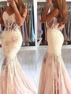 Trumpet/Mermaid Sweep Train Sweetheart Lace Tulle Beading Prom Dresses #UKM020107931