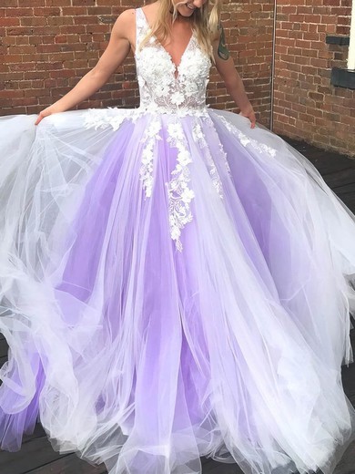 Ball Gown/Princess Floor-length V-neck Tulle Appliques Lace Prom Dresses #UKM020107932