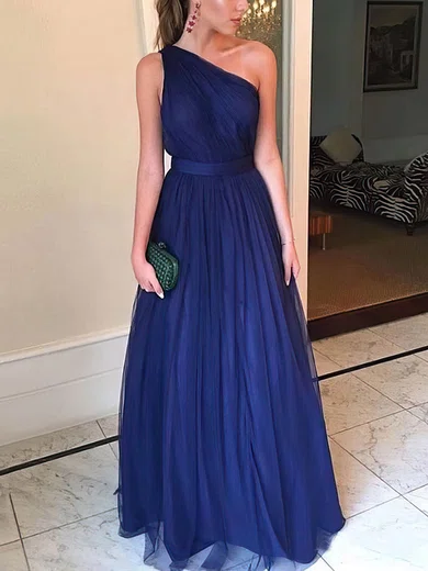 Ball Gown/Princess Floor-length One Shoulder Tulle Sashes / Ribbons Prom Dresses #UKM020107933