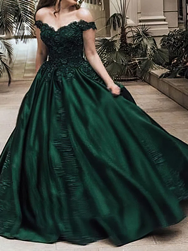 Ball Gown Off-the-shoulder Satin Sweep Train Beading Prom Dresses #UKM020107936