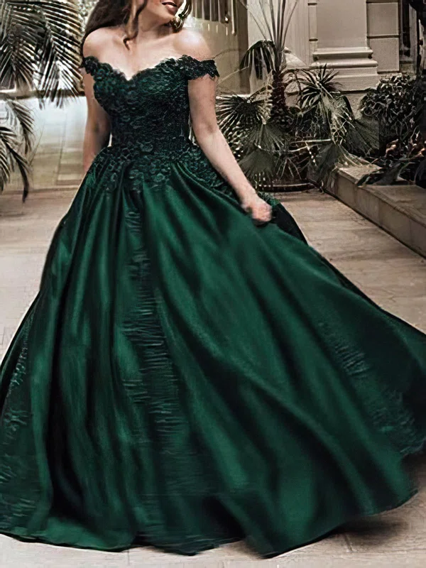 Ball Gown Off-the-shoulder Satin Sweep Train Beading Prom Dresses #UKM020107936