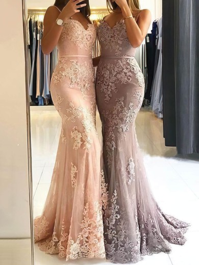 Trumpet/Mermaid Sweep Train V-neck Tulle Lace Appliques Lace Prom Dresses #UKM020107937