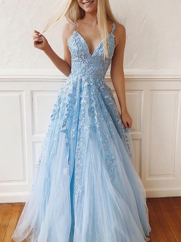 Ball Gown/Princess Sweep Train V-neck Tulle Lace Appliques Lace Prom Dresses #UKM020107939