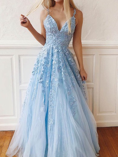 Ball Gown/Princess Sweep Train V-neck Tulle Lace Appliques Lace Prom Dresses #UKM020107939