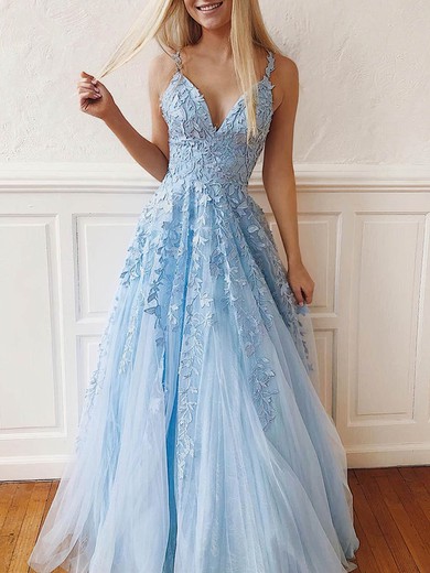 Tulle Lace V-neck A-line Sweep Train Appliques Lace Prom Dresses #UKM020107939