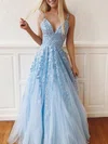 Ball Gown/Princess Sweep Train V-neck Tulle Lace Appliques Lace Prom Dresses #UKM020107939
