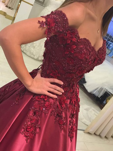 Satin Lace Off-the-shoulder Ball Gown Sweep Train Beading Prom Dresses #UKM020107946