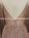 Tulle V-neck A-line Sweep Train Appliques Lace Prom Dresses #UKM020107947