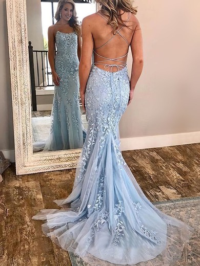 Trumpet/Mermaid Sweep Train Scoop Neck Tulle Lace Appliques Lace Prom Dresses #UKM020107951
