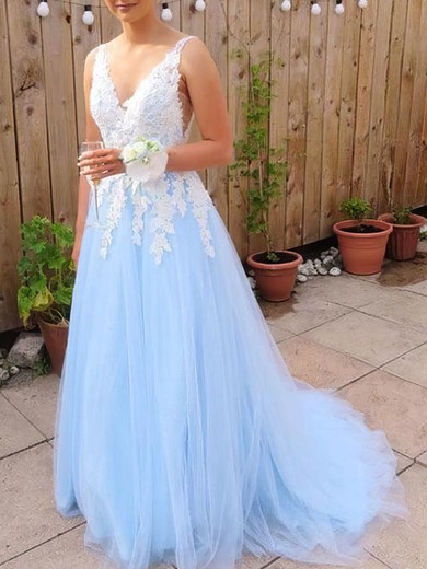 Lace Tulle V-neck A-line Sweep Train Appliques Lace Prom Dresses #UKM020107955