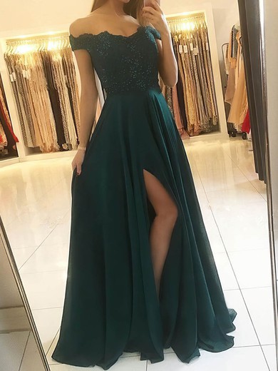 A-line Floor-length Off-the-shoulder Chiffon Beading Prom Dresses #UKM020107956