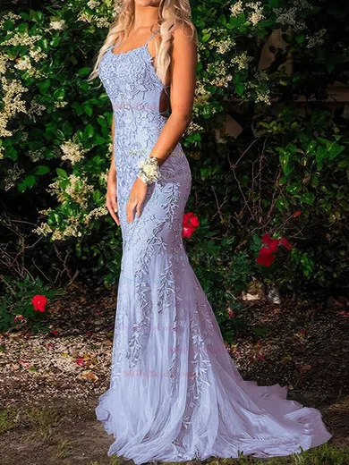 V Neck Trumpet Mermaid Purple Tulle Appliques Prom Dress
