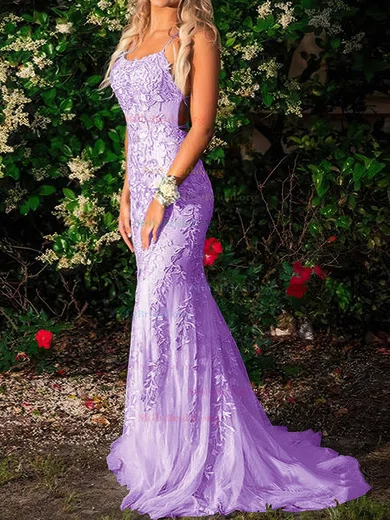 V Neck Trumpet Mermaid Purple Tulle Appliques Prom Dress