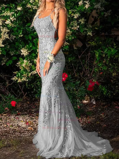 Gray Scoop Tulle Prom Dresses, V-Back Lace Prom Dresses, Bridesmaid Dress