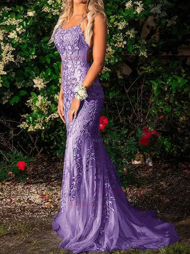 V Neck Trumpet Mermaid Purple Tulle Appliques Prom Dress