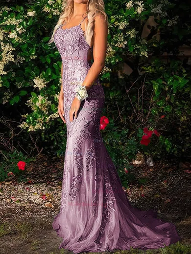 V Neck Trumpet Mermaid Purple Tulle Appliques Prom Dress