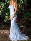 Trumpet/Mermaid Scoop Neck Tulle Sweep Train Appliques Lace Prom Dresses #UKM020107957