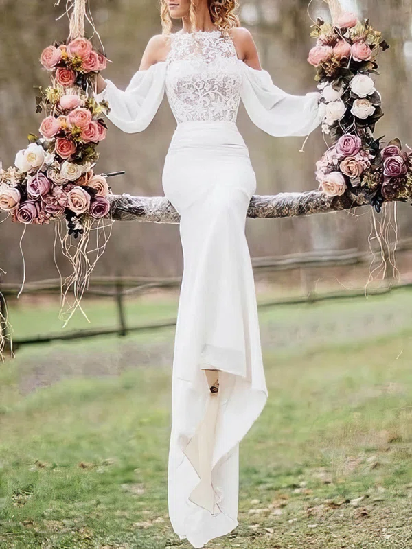 Lace Chiffon Square Neckline Trumpet/Mermaid Sweep Train Wedding Dresses #UKM00024591