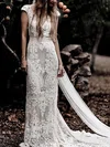 Sheath/Column V-neck Lace Sweep Train Wedding Dresses #UKM00024593