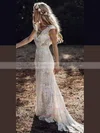 Lace V-neck Sheath/Column Sweep Train Wedding Dresses #UKM00024593