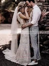 Lace V-neck Sheath/Column Sweep Train Wedding Dresses #UKM00024593