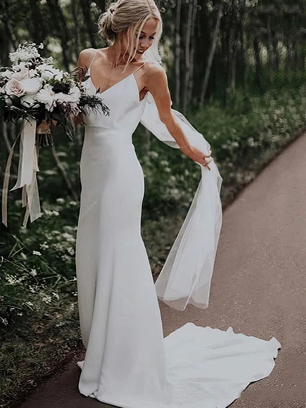 Sheath/Column V-neck Silk-like Satin Sweep Train Wedding Dresses #UKM00024594