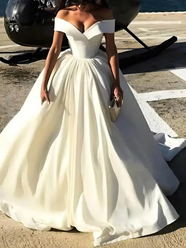 Satin Off-the-shoulder Ball Gown Court Train Wedding Dresses #UKM00024596