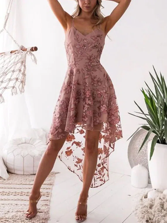 A-line V-neck Tulle Lace Asymmetrical Appliques Lace Short Prom Dresses #UKM020107972