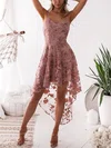 A-line V-neck Tulle Lace Asymmetrical Appliques Lace Short Prom Dresses #UKM020107972