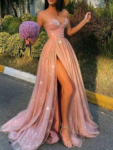 Ball Gown/Princess Sweep Train Sweetheart Glitter Split Front Prom Dresses #UKM020107974