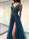 Ball Gown/Princess Sweep Train Illusion Tulle Appliques Lace Prom Dresses #UKM020107976