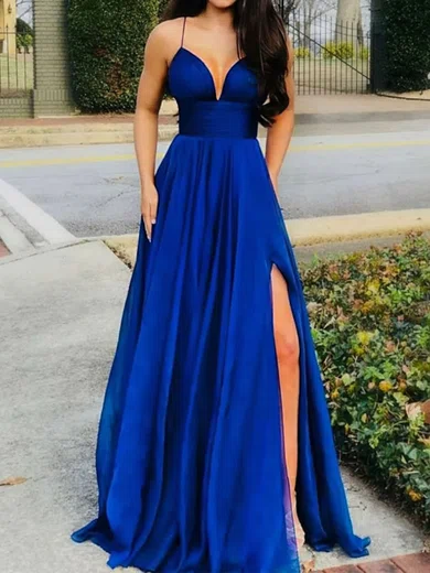 A-line V-neck Silk-like Satin Sweep Train Split Front Prom Dresses #SALEUKM020107977