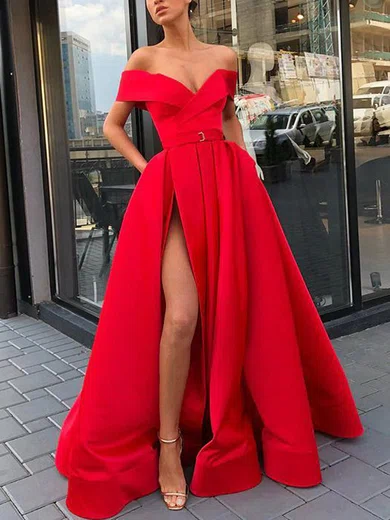 Ball Gown Off-the-shoulder Satin Prom Dresses With Ruched #UKM020107978