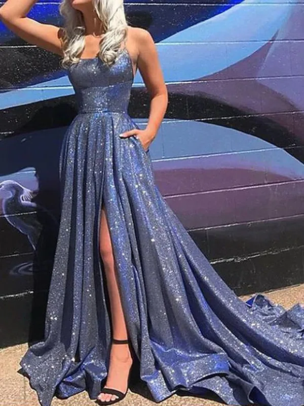 Ball Gown/Princess Sweep Train Square Neckline Shimmer Crepe Pockets Prom Dresses #UKM020107980