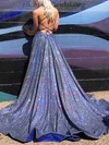 A-line Square Neckline Glitter Sweep Train Pockets Prom Dresses #UKM020107980