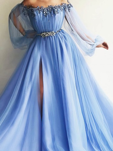 Ball Gown/Princess Sweep Train Off-the-shoulder Tulle Long Sleeves Beading Prom Dresses #UKM020107981