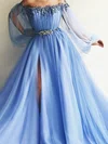 Ball Gown/Princess Sweep Train Off-the-shoulder Tulle Long Sleeves Beading Prom Dresses #UKM020107981