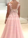 A-line Scoop Neck Chiffon Sweep Train Appliques Lace Prom Dresses #UKM020107983