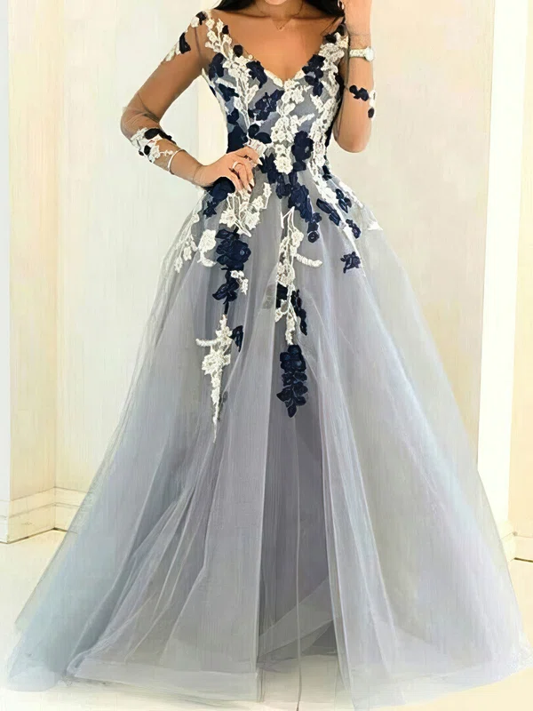 Ball Gown/Princess Floor-length V-neck Tulle Long Sleeves Appliques Lace Prom Dresses #UKM020107991