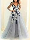 Ball Gown/Princess Floor-length V-neck Tulle Long Sleeves Appliques Lace Prom Dresses #UKM020107991